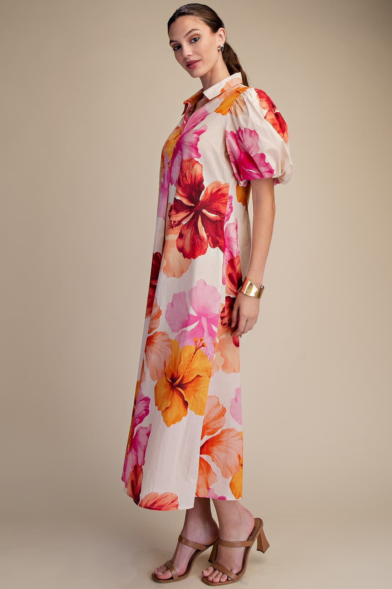 Floral V-Neck Pleated Midi Dress - Coral
