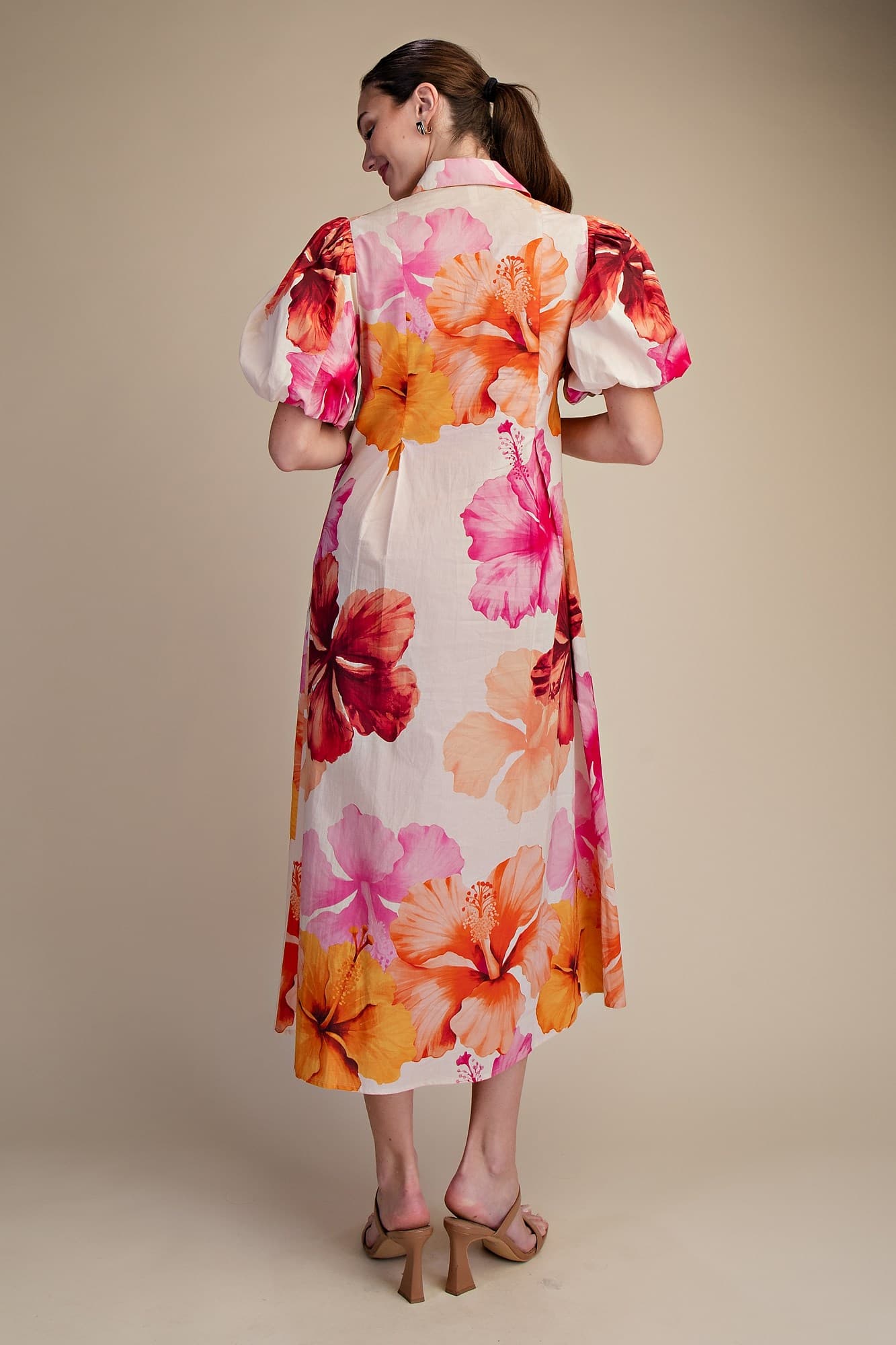 Floral V-Neck Pleated Midi Dress - Coral