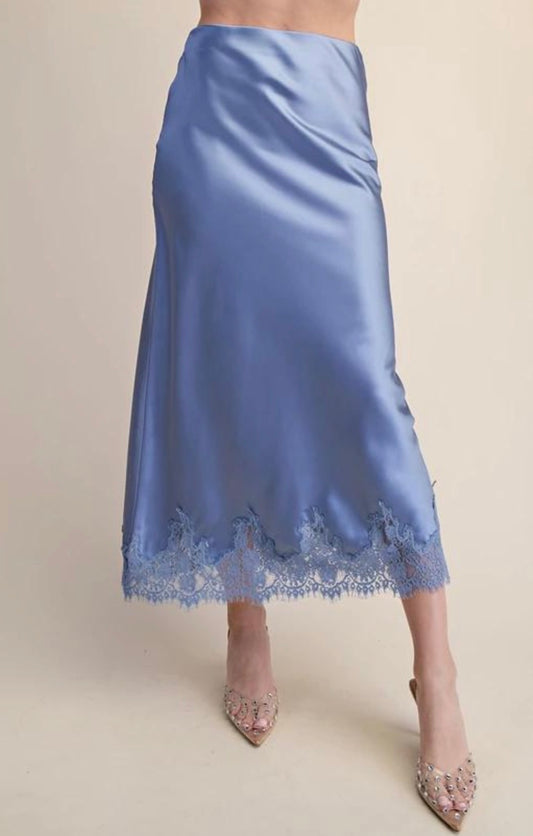 Elegant High Waist Midi Lace Satin Skirt - Black