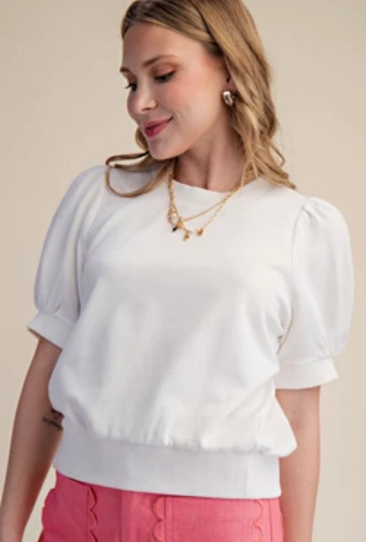 Round Neck Puff Sleeve Top - White