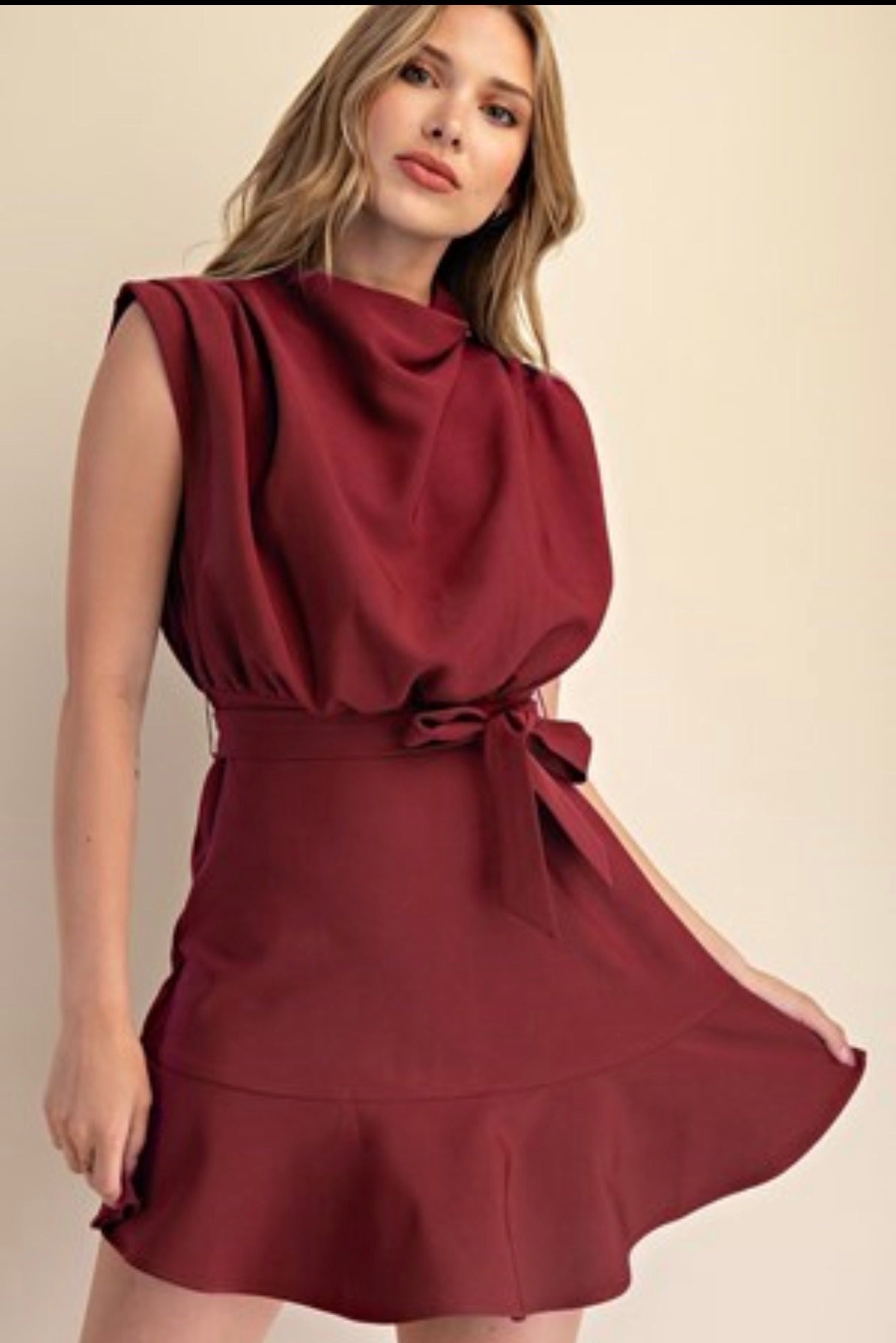Cowl Neck Sleeveless Waist Tie Mini Dress-Burgundy