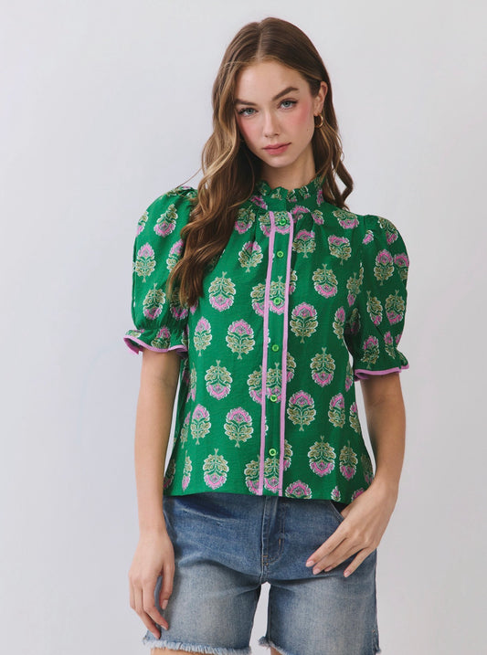 Green Floral Detail Collared Top
