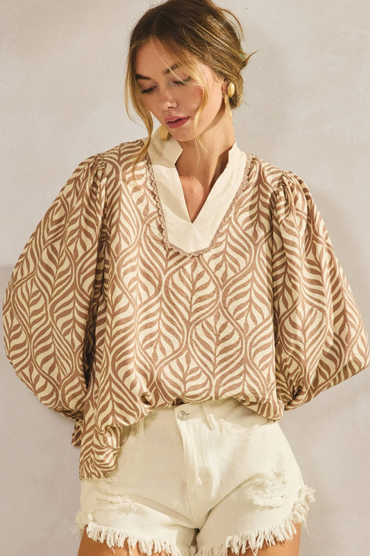 Leaf Lace Puff Blouse -Mocha