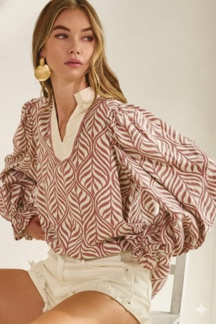Leaf Lace Puff Blouse -Mauve Pink