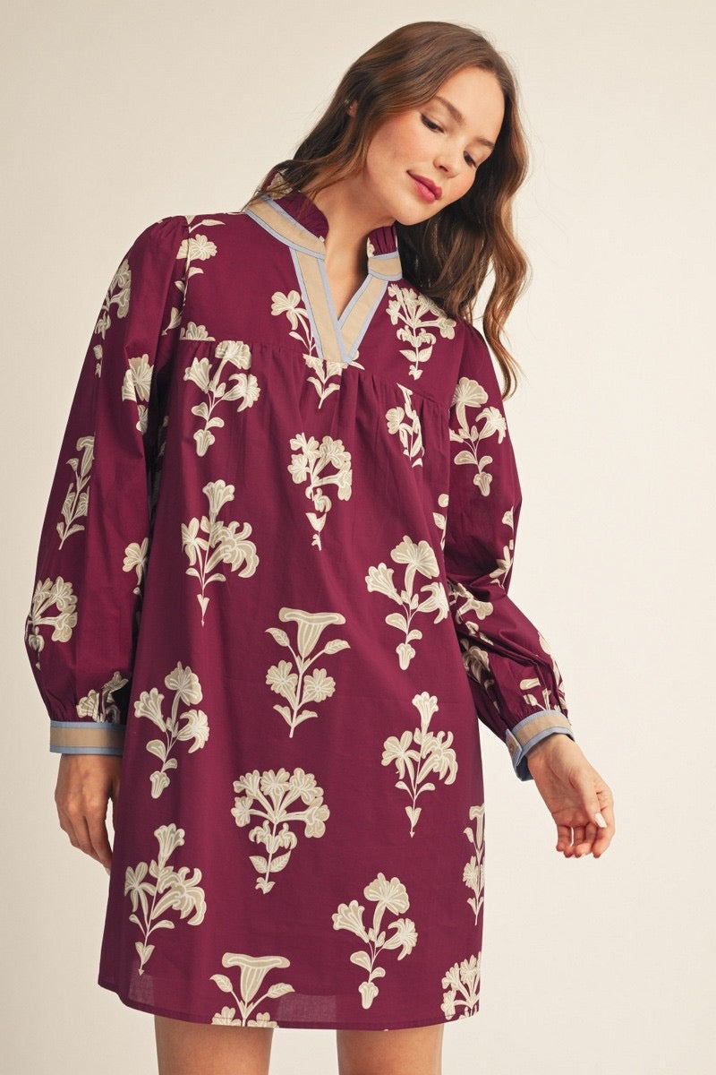 Burgundy Botanical Print Dress with contrast Trim