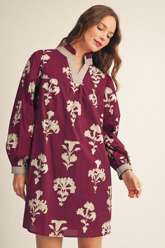 Burgundy Botanical Print Dress with contrast Trim