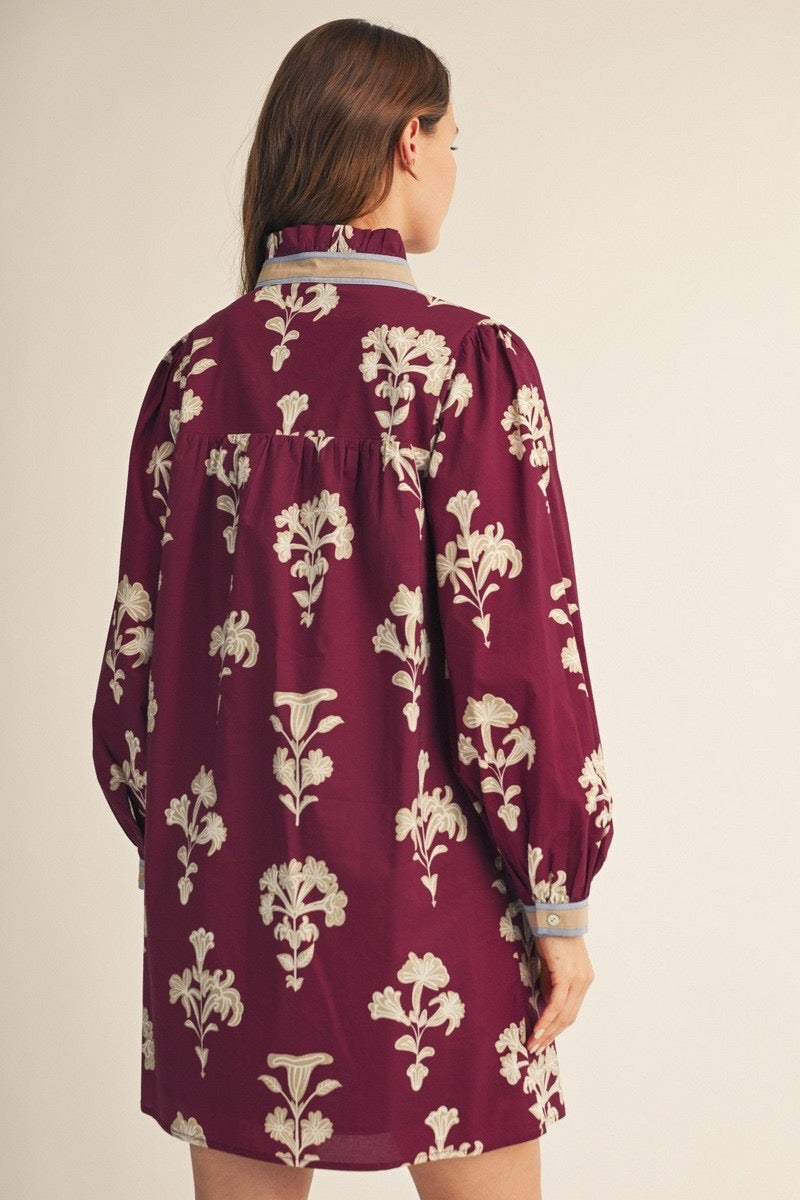 Burgundy Botanical Print Dress with contrast Trim