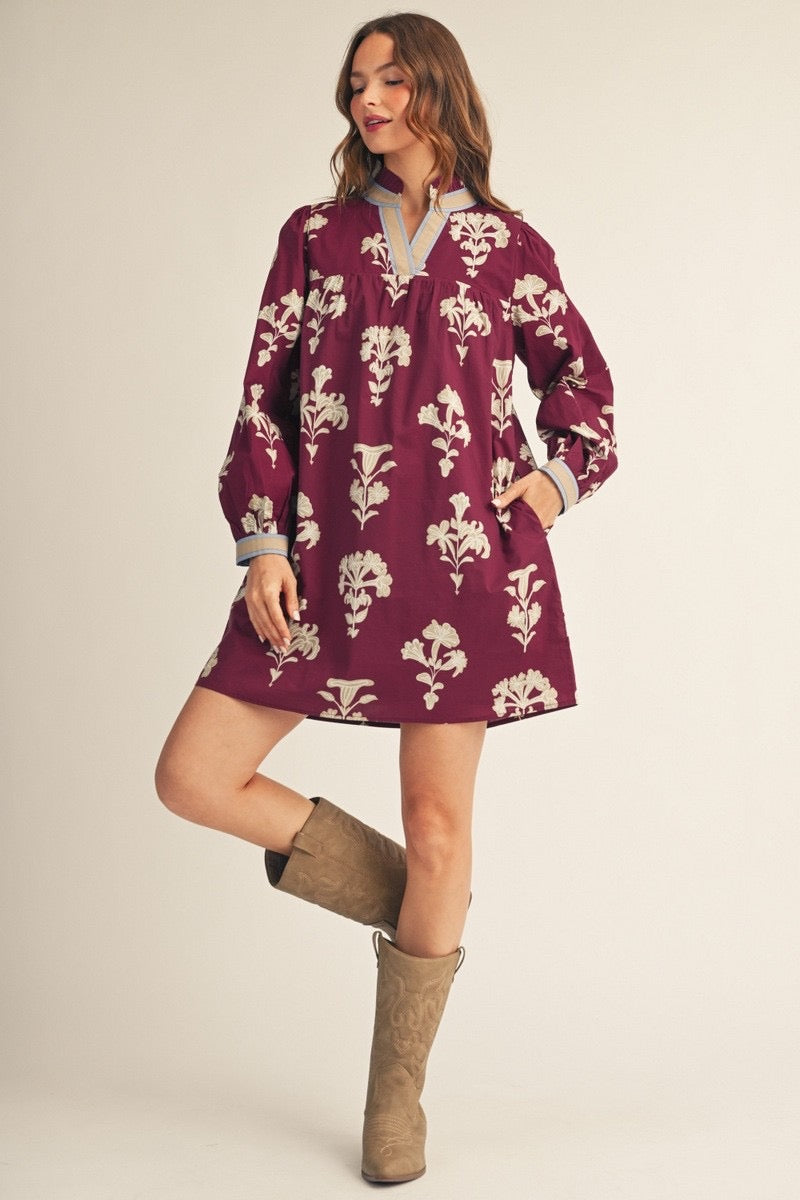 Burgundy Botanical Print Dress with contrast Trim