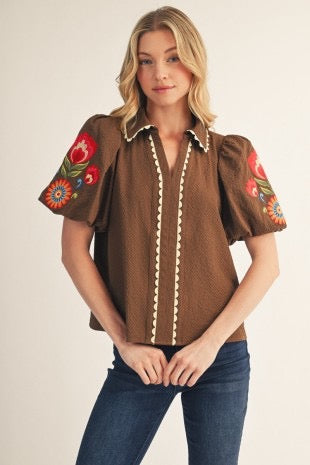 Embroidered Texture Solid Top - Brown