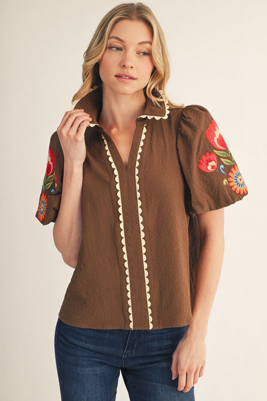 Embroidered Texture Solid Top - Brown