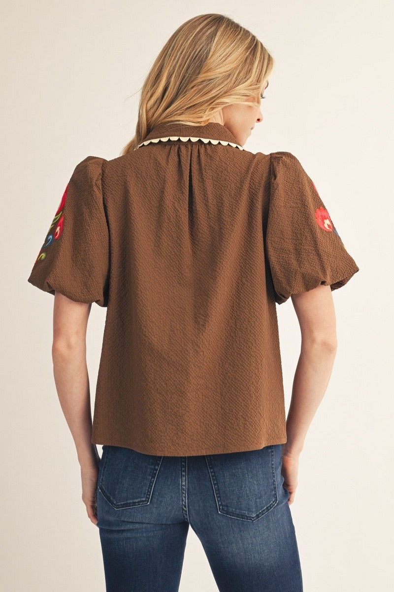 Embroidered Texture Solid Top - Brown