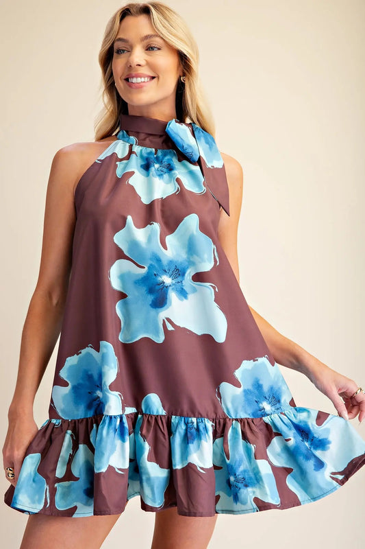 Brown and Blue Floral Mini Dress with Tie Neck