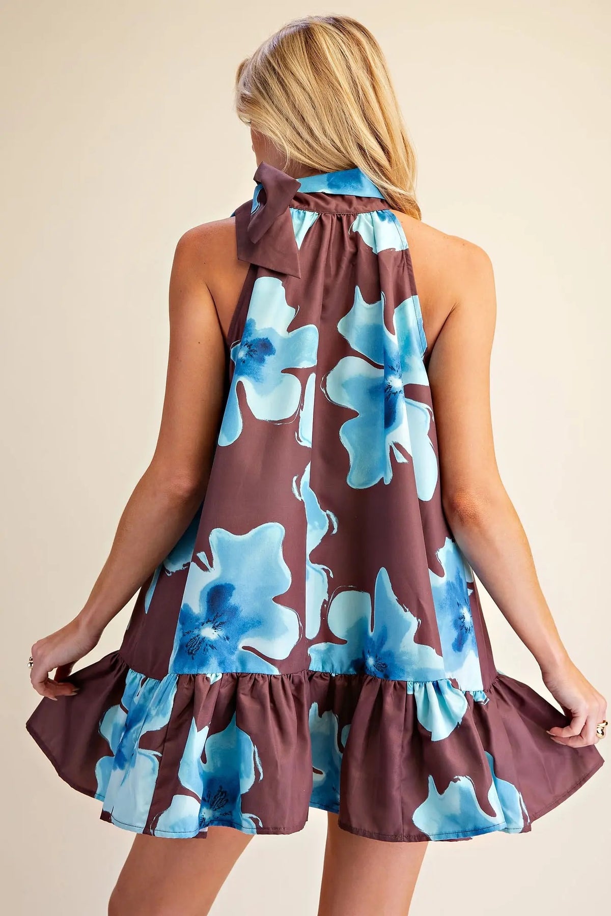 Brown and Blue Floral Mini Dress with Tie Neck