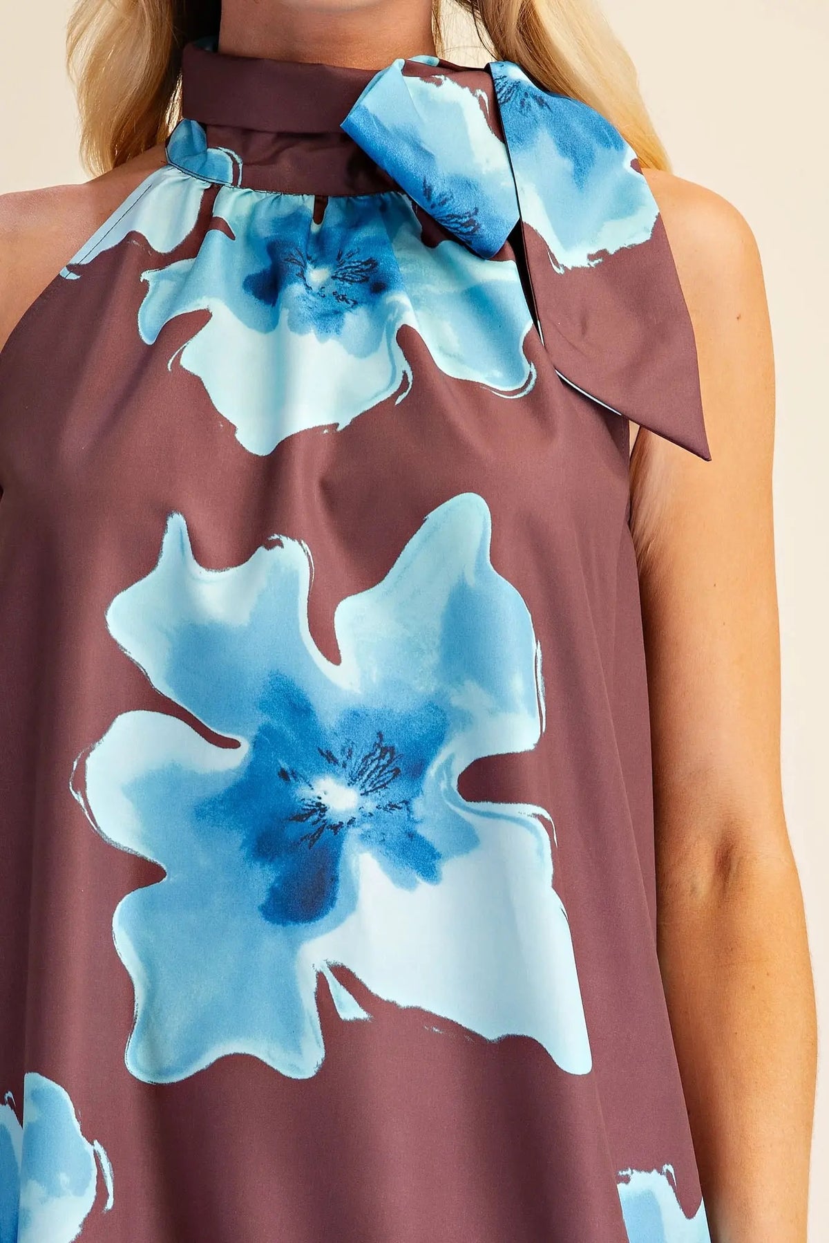 Brown and Blue Floral Mini Dress with Tie Neck