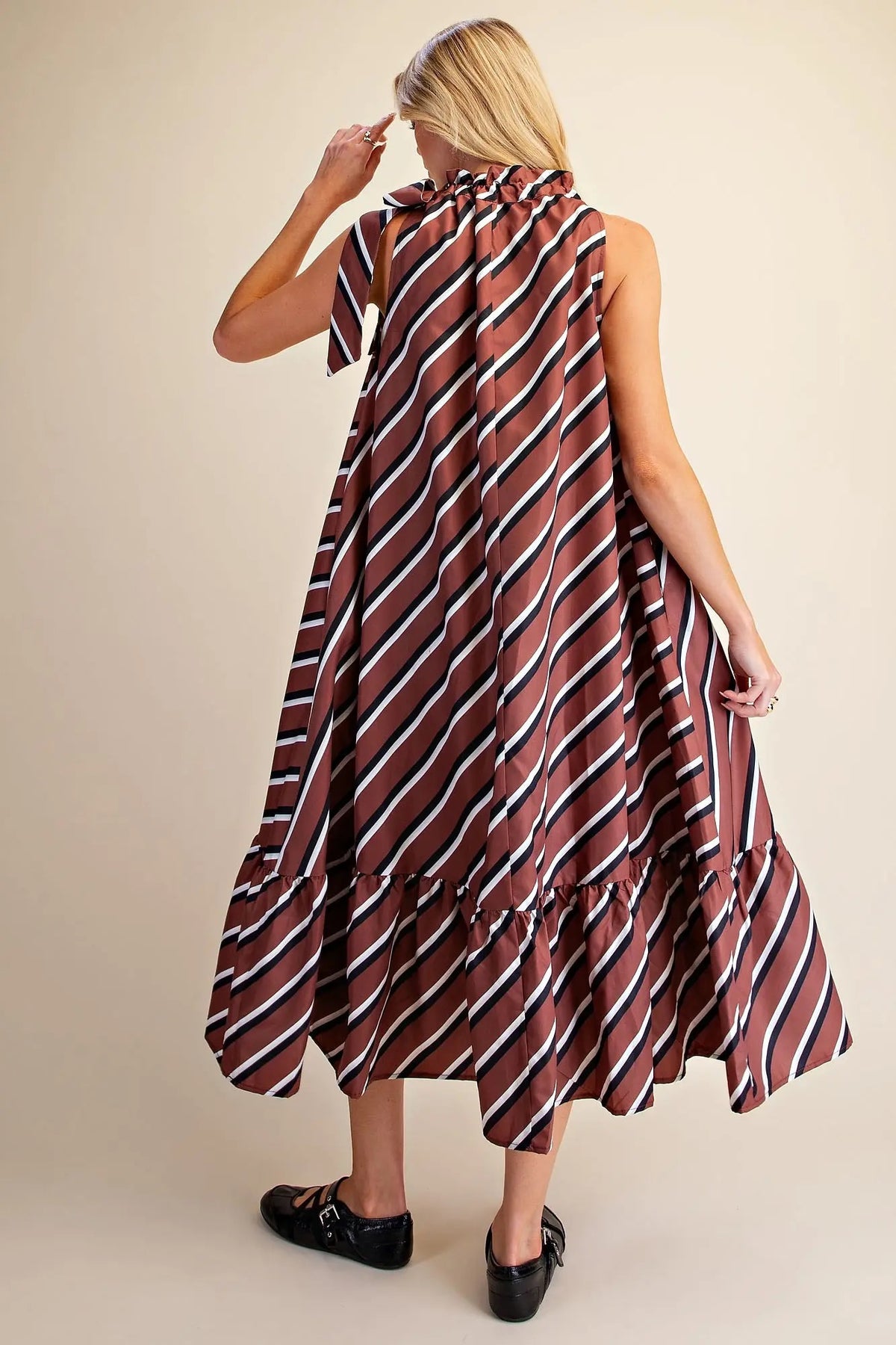 Fall Vibes Ruffle Tie Neck Sleeveless Midi Dress