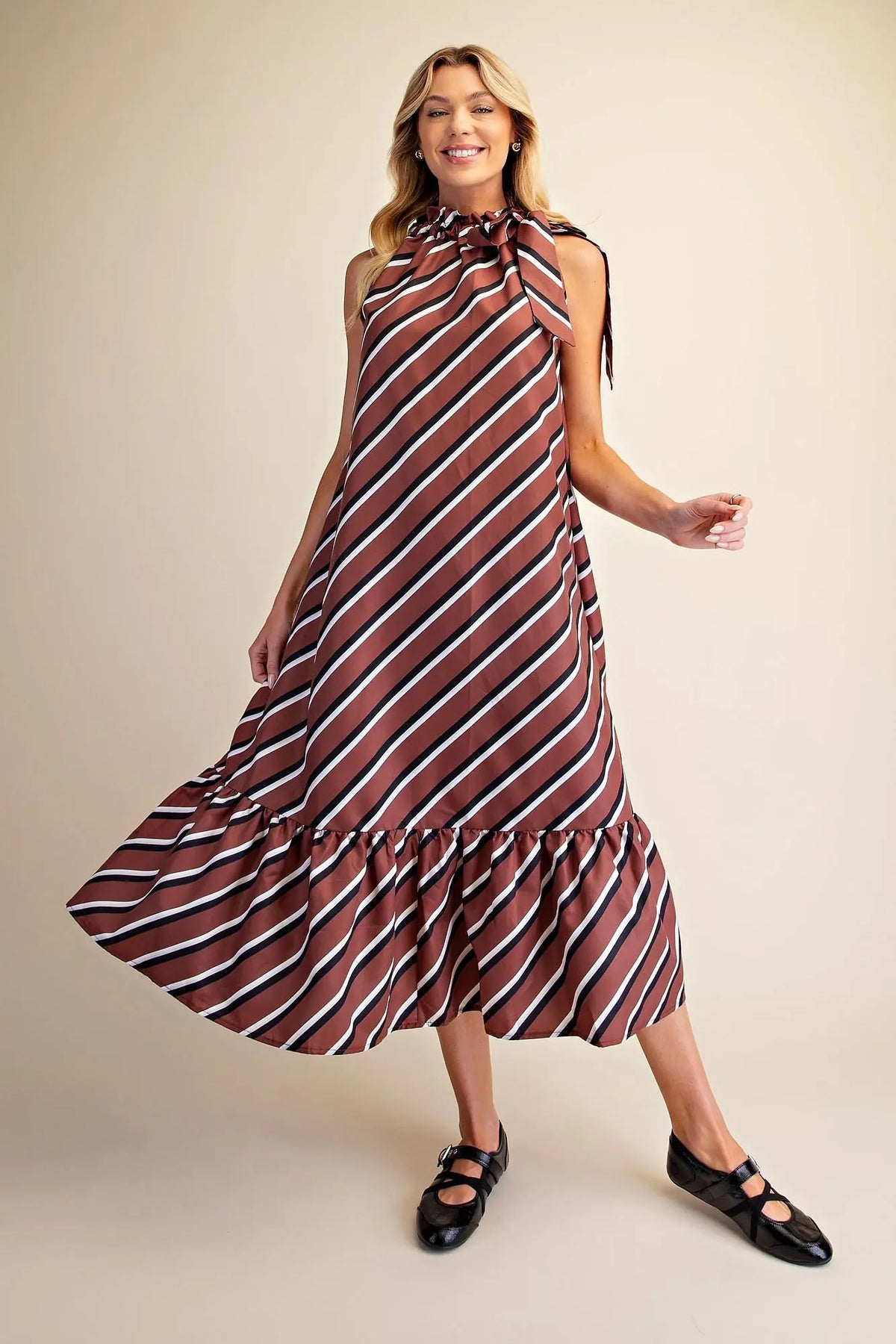 Fall Vibes Ruffle Tie Neck Sleeveless Midi Dress
