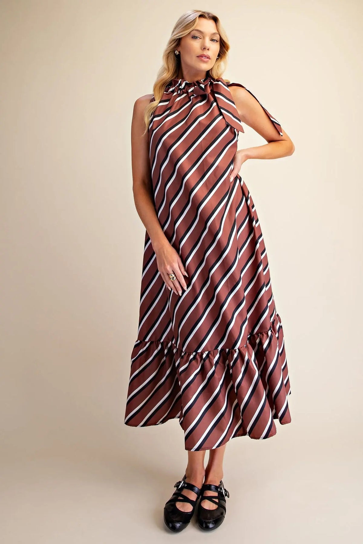 Fall Vibes Ruffle Tie Neck Sleeveless Midi Dress