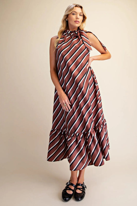 Fall Vibes Ruffle Tie Neck Sleeveless Midi Dress