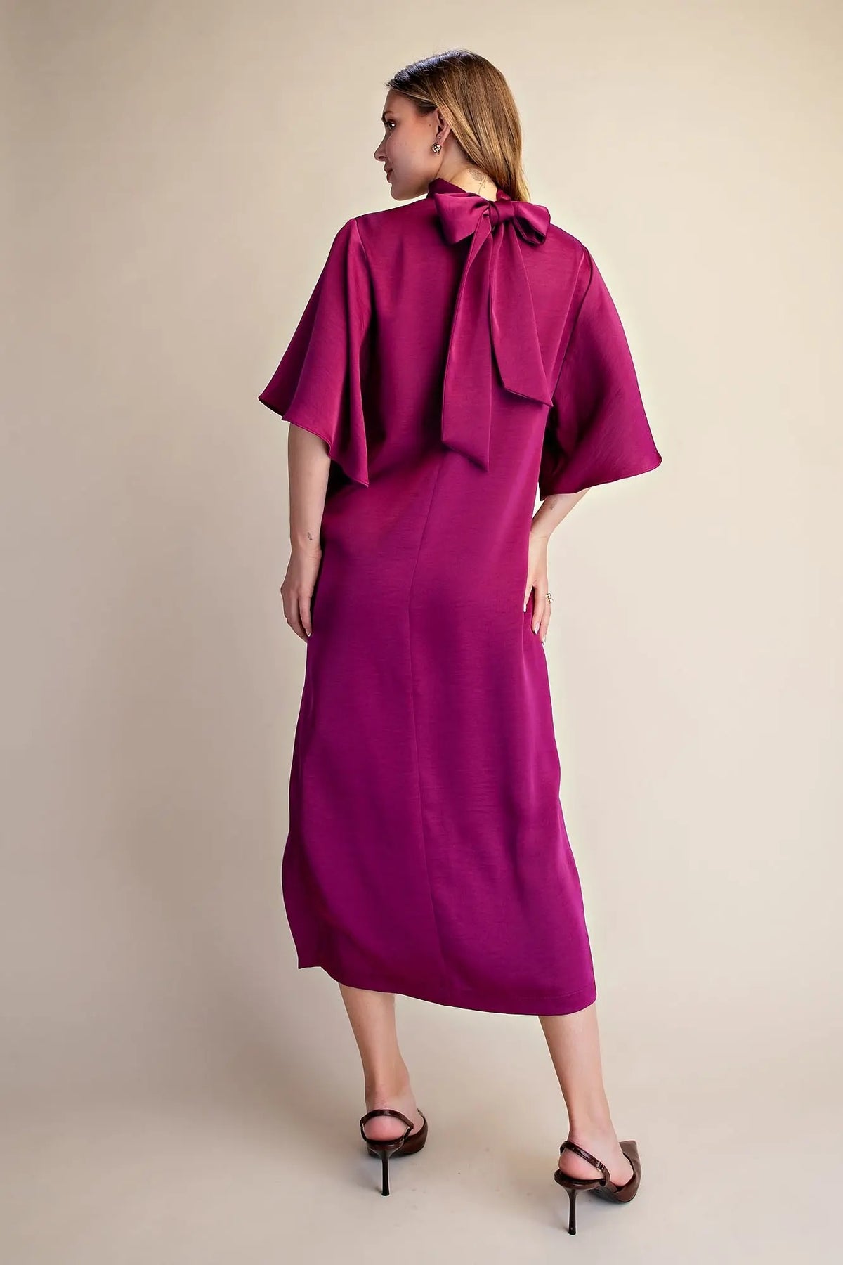 Flowy Satin Tie Back Midi Dress -Plum