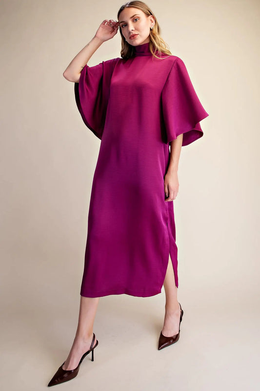Flowy Satin Tie Back Midi Dress -Plum