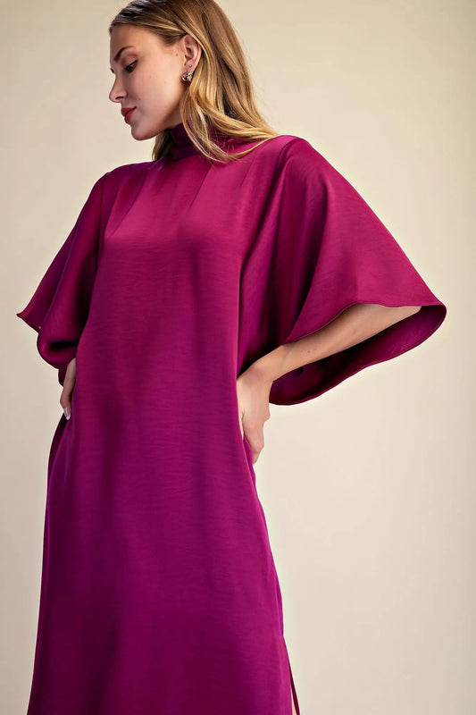 Flowy Satin Tie Back Midi Dress -Plum