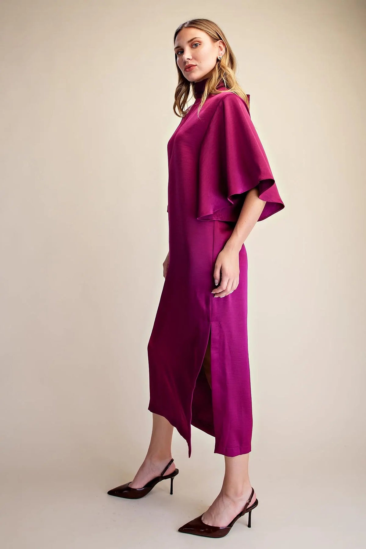 Flowy Satin Tie Back Midi Dress -Plum