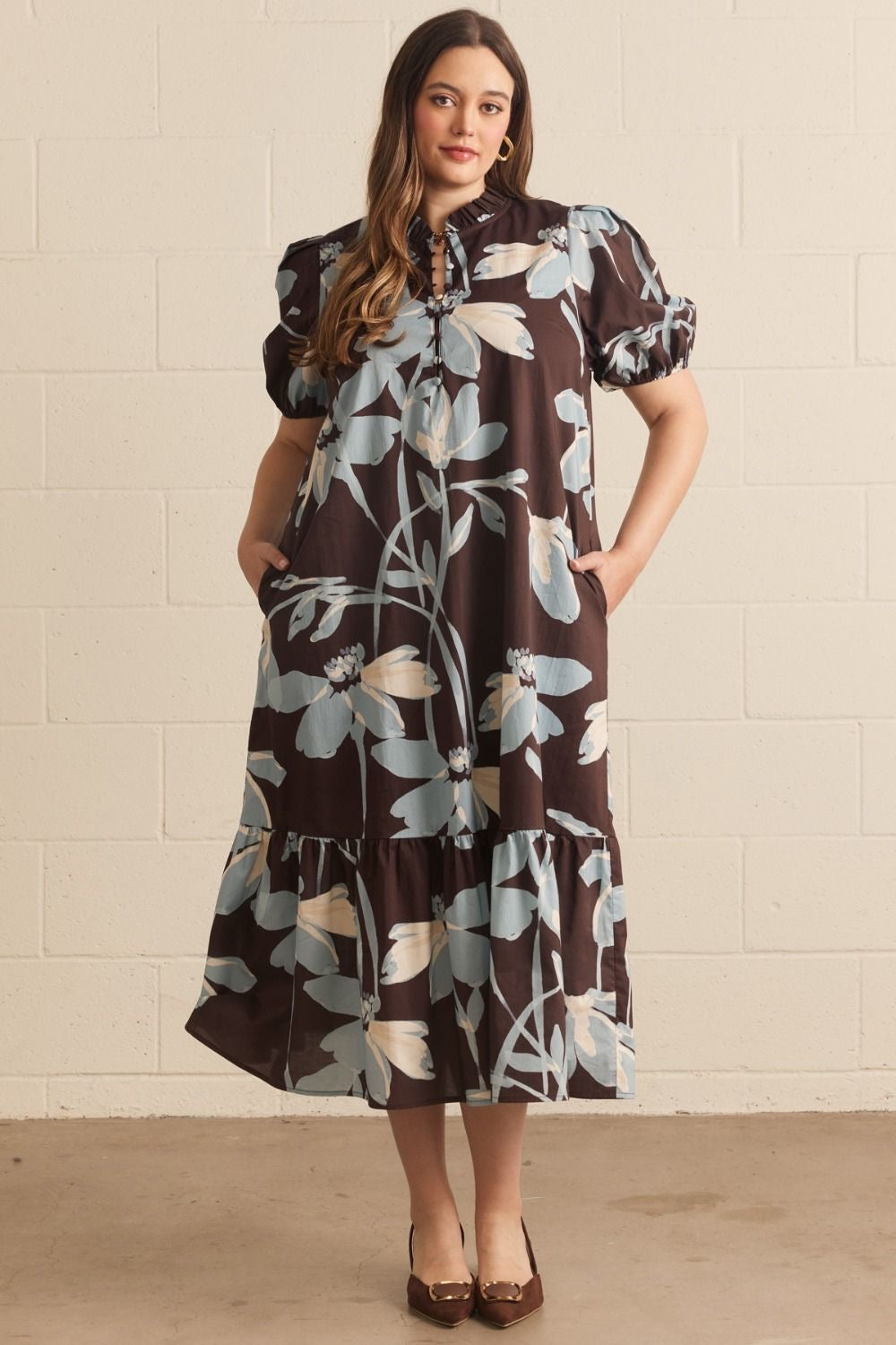 Floral Print Short Puff Sleeve -Brown & Blue