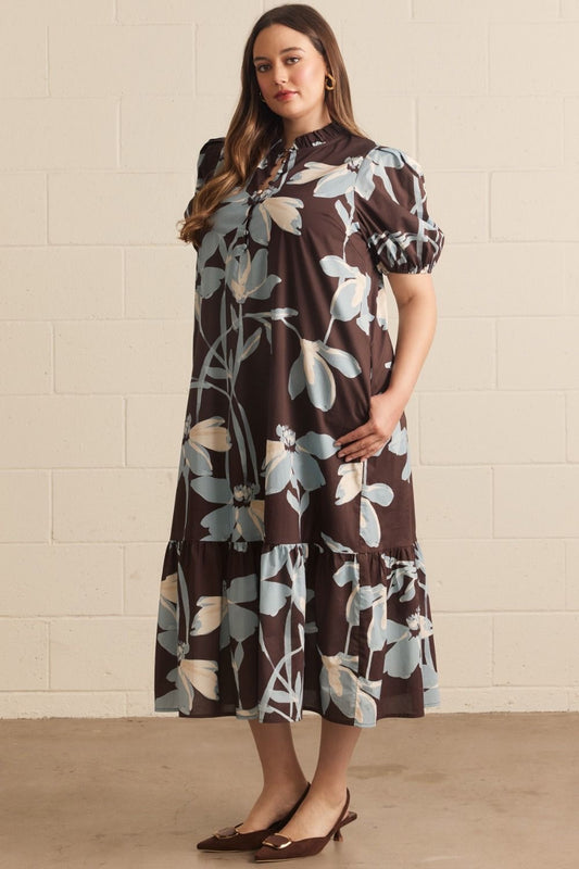 Floral Print Short Puff Sleeve -Brown & Blue