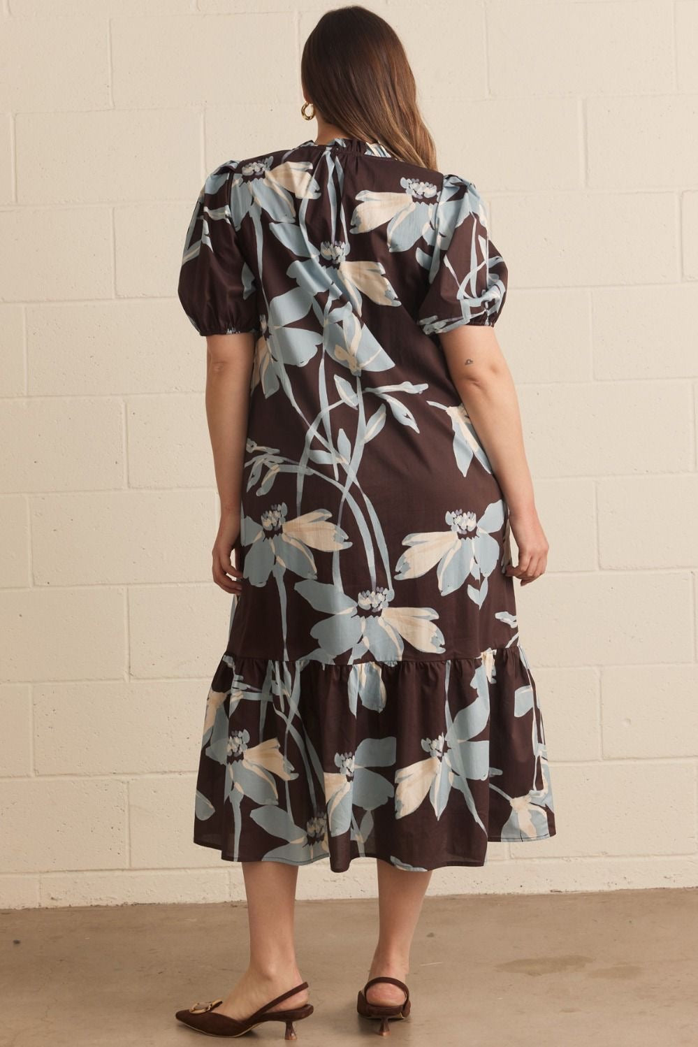 Floral Print Short Puff Sleeve -Brown & Blue