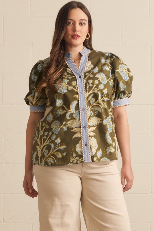 ENTRO Floral Puff Sleeve Top with Contrast Trim in Olive PLUS