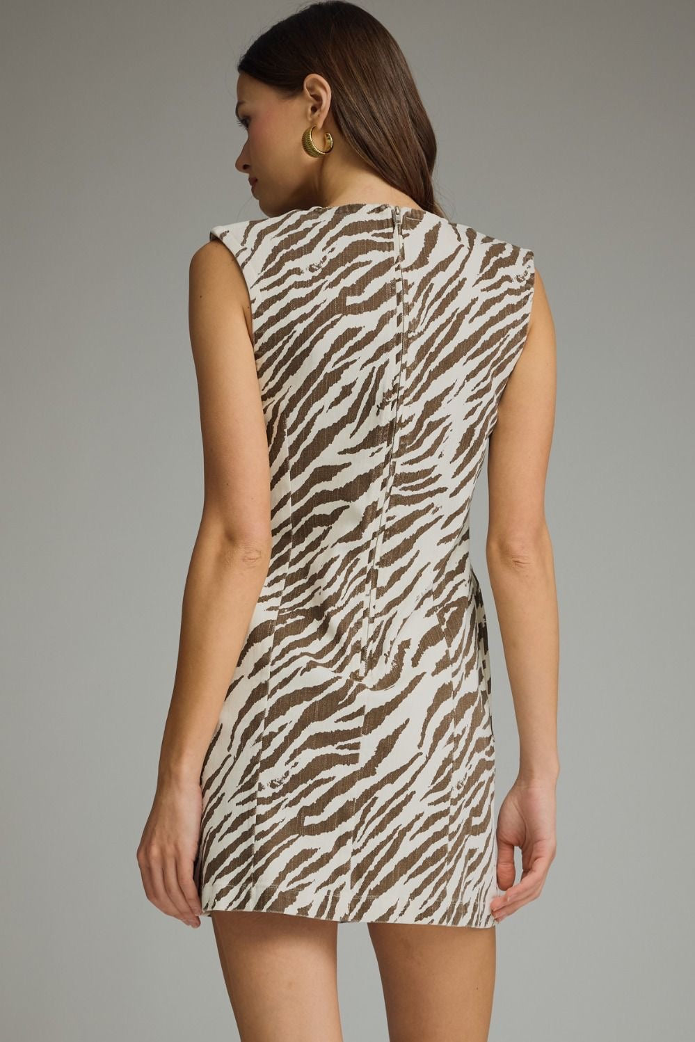 Ecru Zebra Print Mini Dress with Side Pockets and Shoulder Detail