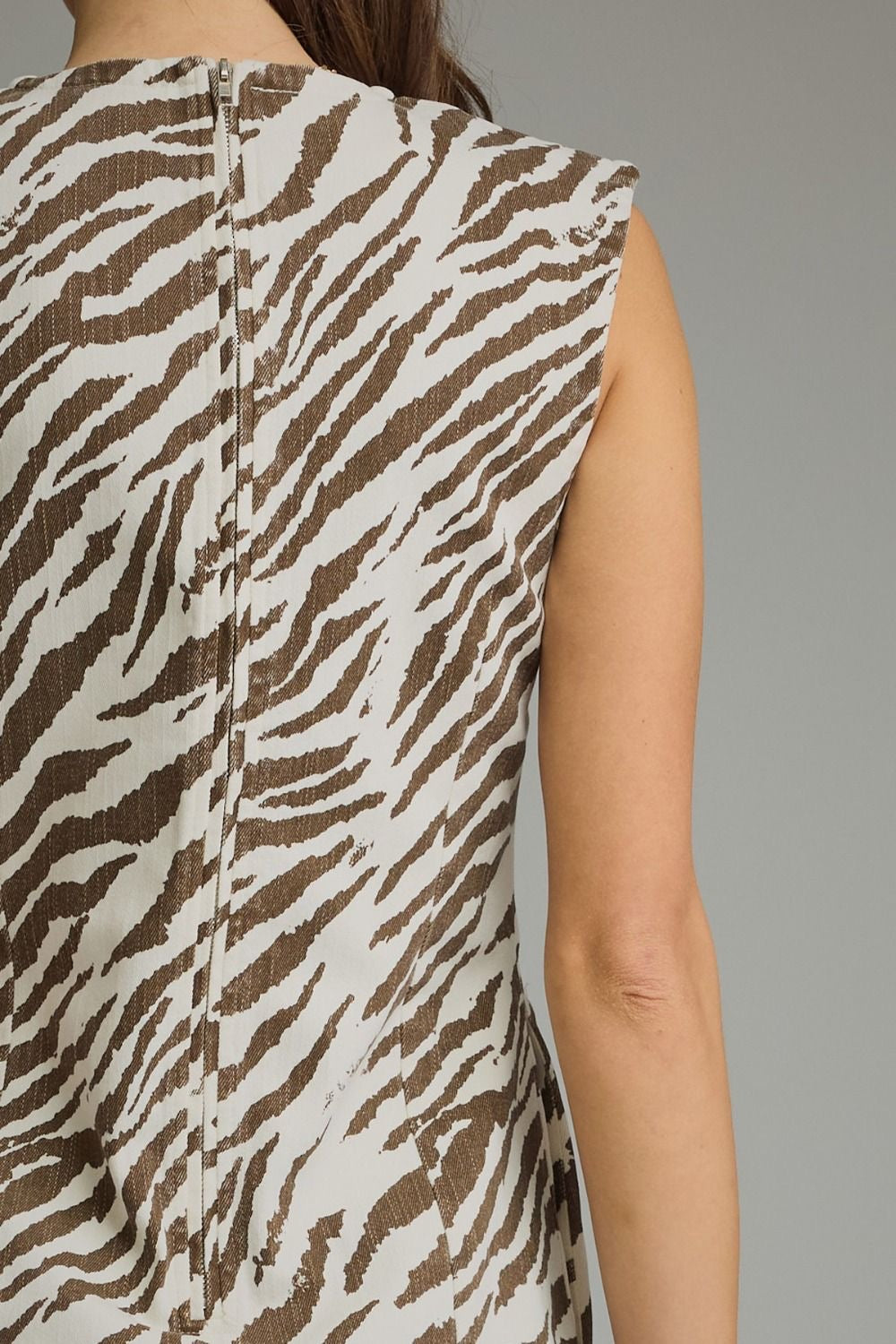Ecru Zebra Print Mini Dress with Side Pockets and Shoulder Detail