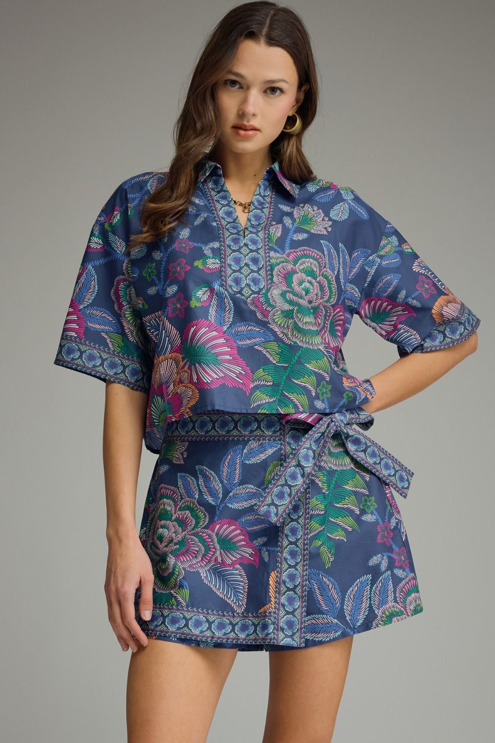 Botanical Print Short Sleeve Top And Skort Set - Blue