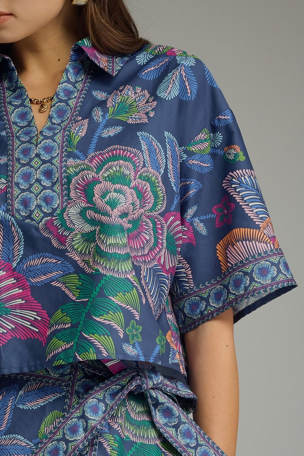 Botanical Print Short Sleeve Top And Skort Set - Blue