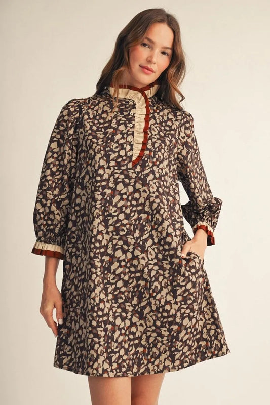 Brown Floral Button Up Leopard Dress