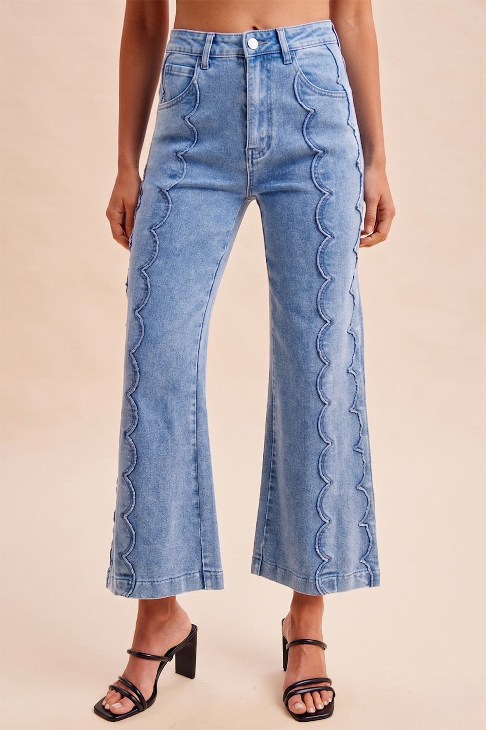 Scalloped Embroidery Wide Leg Denim Comfort Stretch Jean