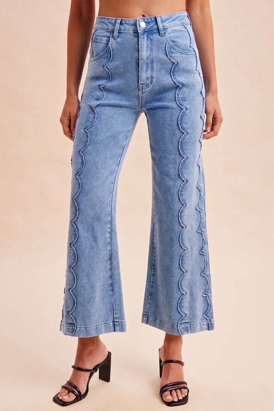 Scalloped Embroidery Wide Leg Denim Comfort Stretch Jean
