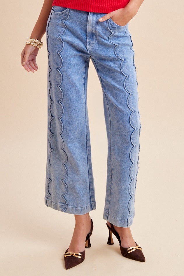 Scalloped Embroidery Wide Leg Denim Comfort Stretch Jean