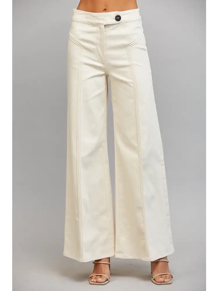 Decorative Vertical Seam Detail High Waist Flare Pants -Ecru