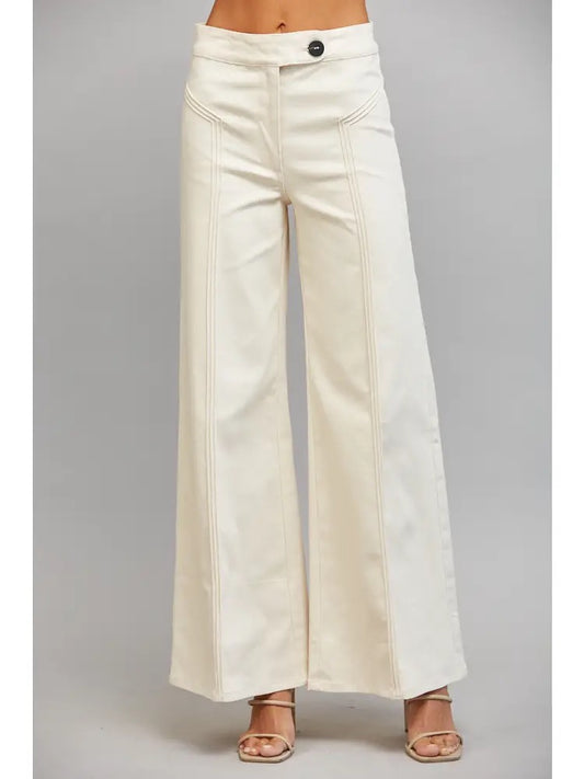 Decorative Vertical Seam Detail High Waist Flare Pants -Ecru