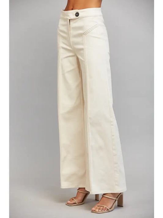 Decorative Vertical Seam Detail High Waist Flare Pants -Ecru