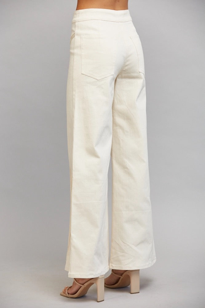 Decorative Vertical Seam Detail High Waist Flare Pants -Ecru