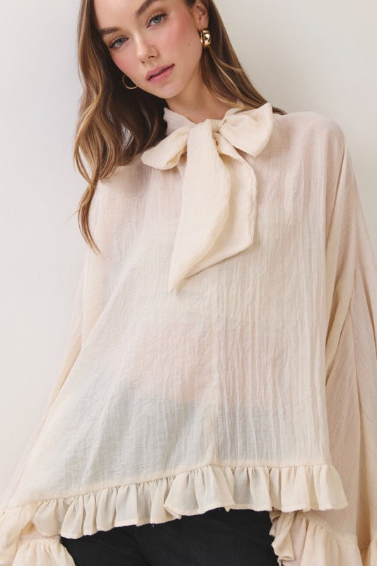 High Low Ruffle Chiffon Bell Sleeve Top - Cream