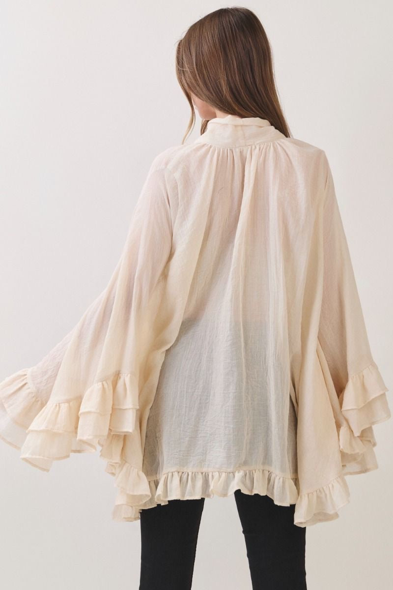 High Low Ruffle Chiffon Bell Sleeve Top - Cream