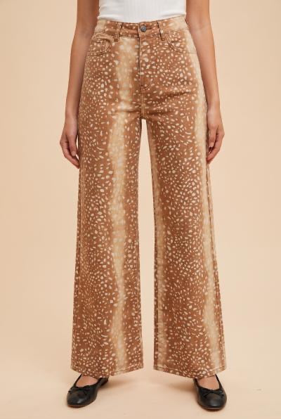 Deer Print Comfort Stretch Wide-Leg Pants
