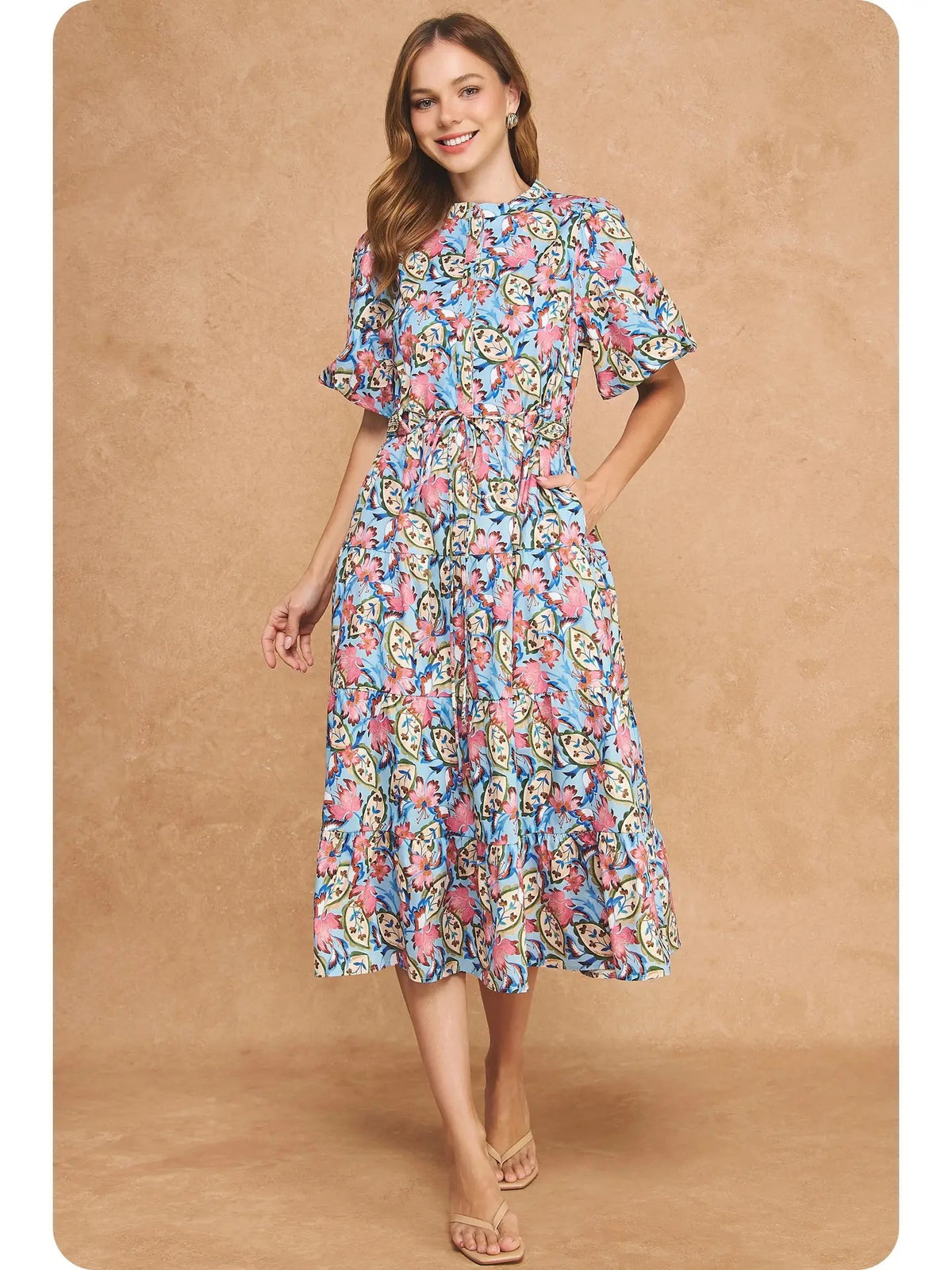 Sophia Belted Mid Dress - Multi Blue