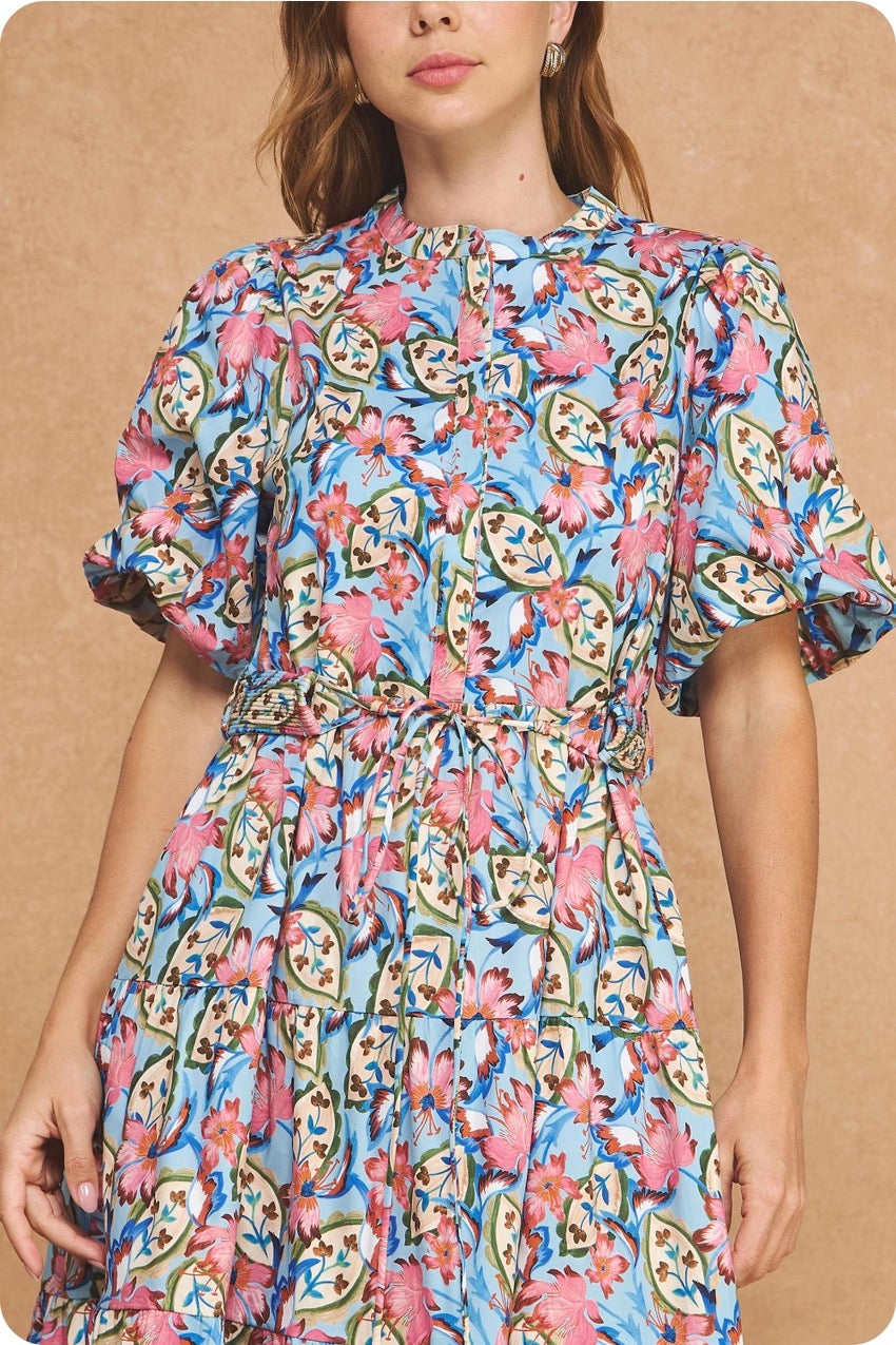 Sophia Belted Mid Dress - Multi Blue