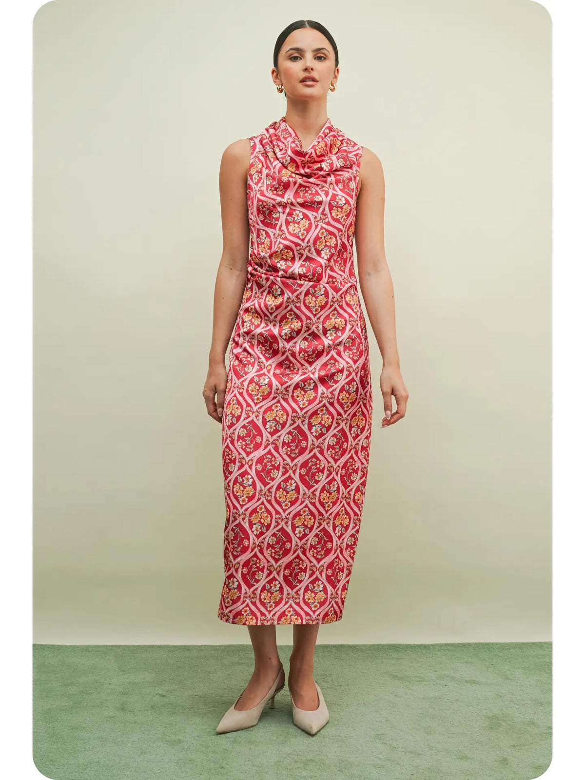 Cherry Mutli Printed Drapped Midi Dress