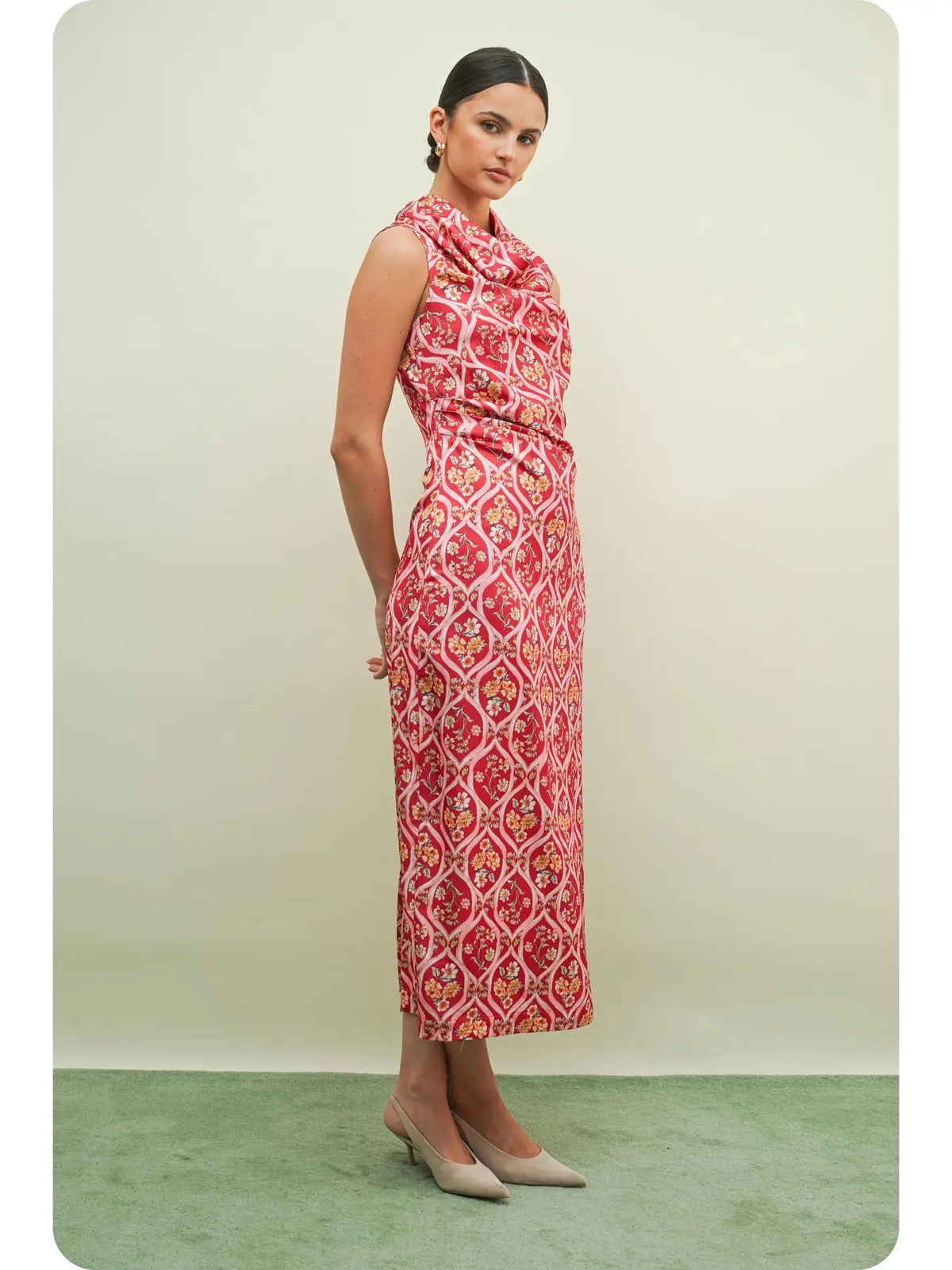 Cherry Mutli Printed Drapped Midi Dress
