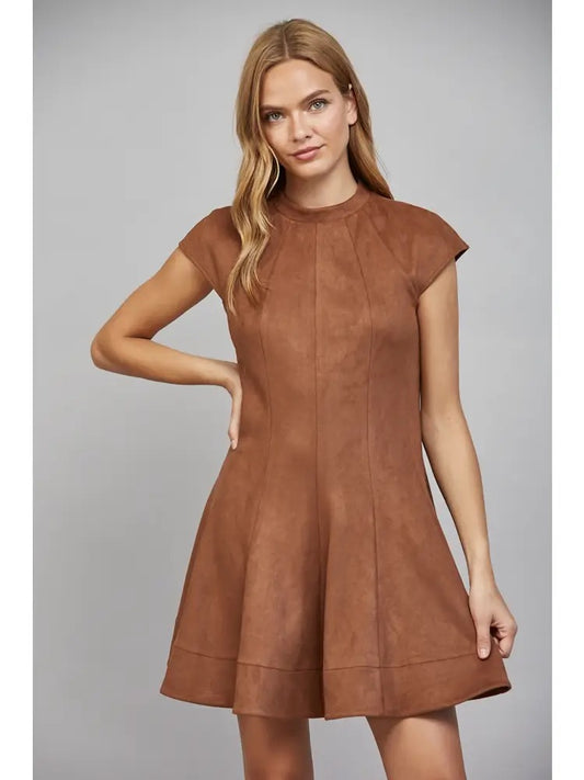 High Neck Cap Sleeve Fit & Flare Faux Suede Dress